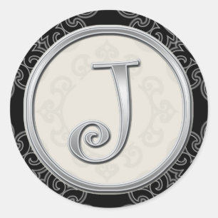Stylish Silver Monogram Stickers::Initial J Seal