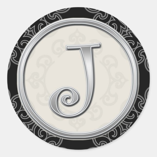 Stylish Silver Monogram Stickers::Initial J Seal (Front)
