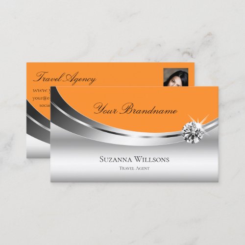 Stylish Silver Orange with Photo Sparkle Diamond Business Card