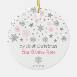 Stylish Silver Pink Snowflake Baby First Christmas Ceramic Ornament