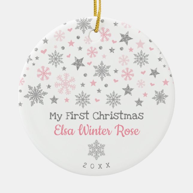 Stylish Silver Pink Snowflake Baby First Christmas Ceramic Ornament (Front)