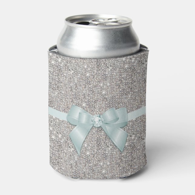 Stylish Silver Sequins, Bow & Ribbon Can Cooler (Can Front)