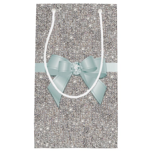 Stylish Silver Sequins, Bow & Ribbon Small Gift Bag (Front)