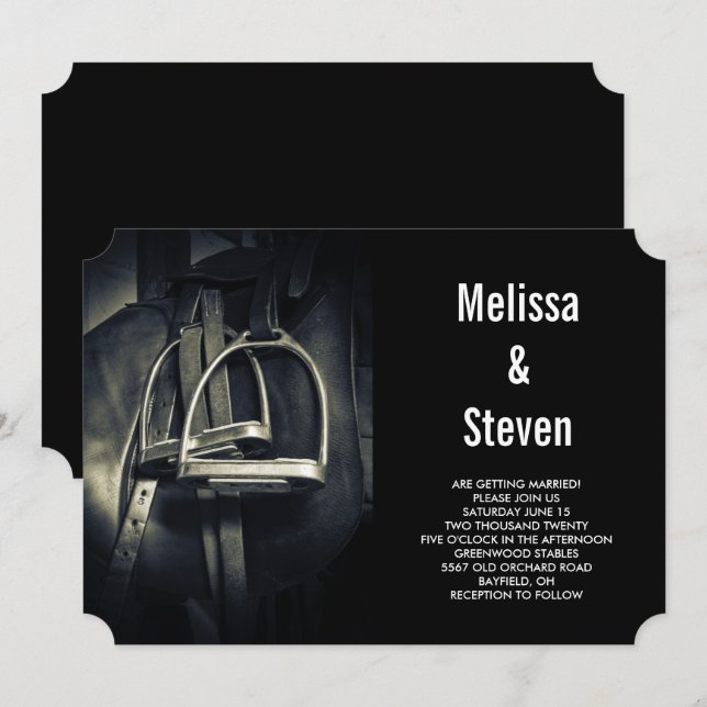 Stylish Silver Stirrups on English Riding Saddle Invitation (Front/Back)