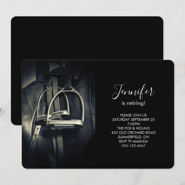 Stylish Silver Stirrups on English Riding Saddle Invitation (Front/Back)