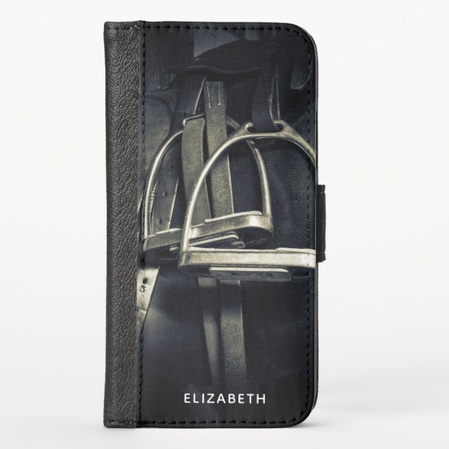 Stylish Silver Stirrups on English Riding Saddle iPhone Wallet Case (Front)