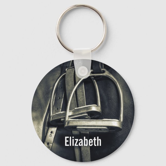 Stylish Silver Stirrups on English Riding Saddle Keychain (Front)