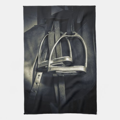 Stylish Silver Stirrups on English Riding Saddle Kitchen Towel