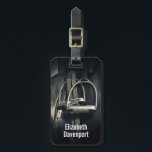 Stylish Silver Stirrups on English Riding Saddle Luggage Tag<br><div class="desc">Personalized luggage tag with a classy black and white sepia tone photograph. 
A picture of an english leather saddle focusing on the silver stirrups. Perfect for english riding enthusiasts.</div>