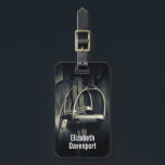 Stylish Silver Stirrups on English Riding Saddle Luggage Tag<br><div class="desc">Personalized luggage tag with a classy black and white sepia tone photograph. 
A picture of an english leather saddle focusing on the silver stirrups. Perfect for english riding enthusiasts.</div>