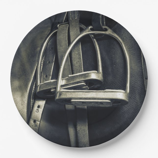 Stylish Silver Stirrups on English Riding Saddle Paper Plates (Front)