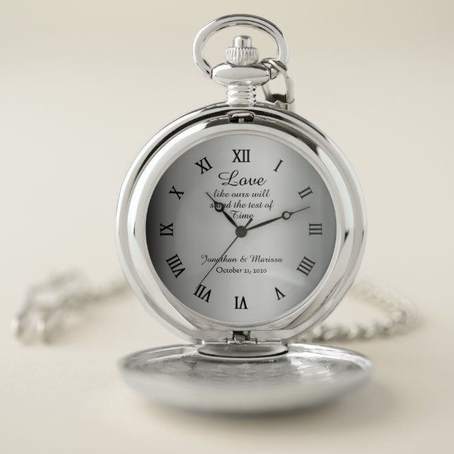 Stylish Silver Test of Time Bride & Groom Wedding Pocket Watch (Inside)