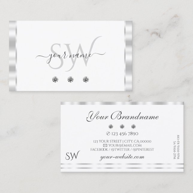 Stylish Silver White Sparkling Diamonds Monogram Business Card (Front/Back)