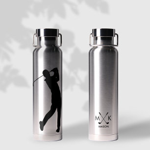 Stylish Silver With Black Modern Golfer Monogram Water Bottle
