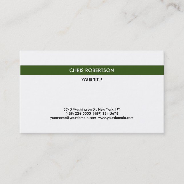 Stylish Simple Forest Green White Minimalist Business Card (Front)