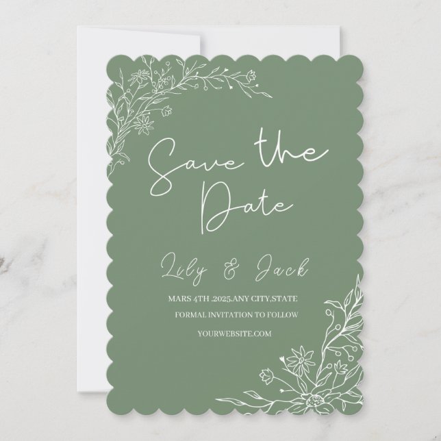 Stylish simple minimal Elegant modern sage green Save The Date (Front)