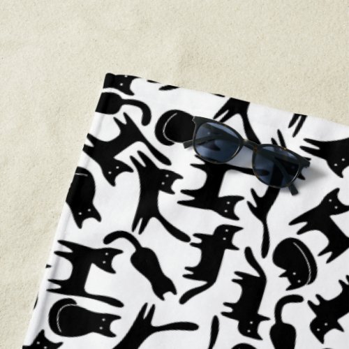 Stylish Simple Modern Cool Black Cats on White Beach Towel