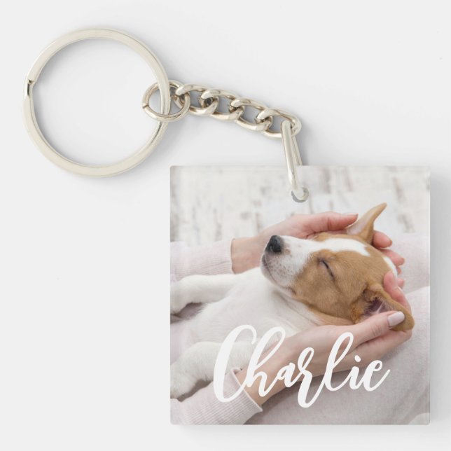 Stylish Simple Modern Dog Name 2 Photo Keychain (Front)