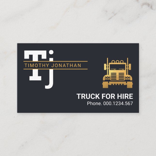 Stylish Simple Monogram Gold Lines Trucking Business Card (Front)
