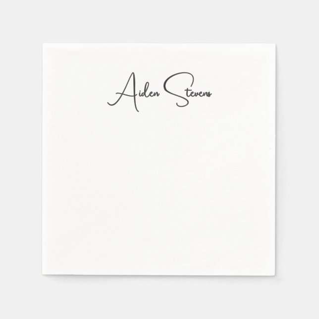 Stylish Simple Plain Black & White Minimalist Name Napkins (Front)