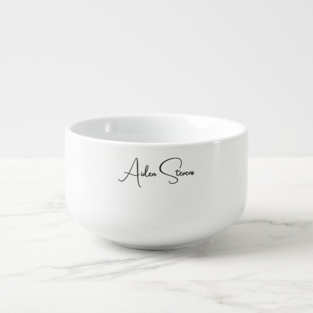 Stylish Simple Plain Black & White Minimalist Name Soup Mug (Front)