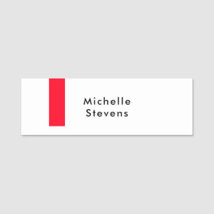 Stylish Simple Plain Black & White Red Minimalist Name Tag