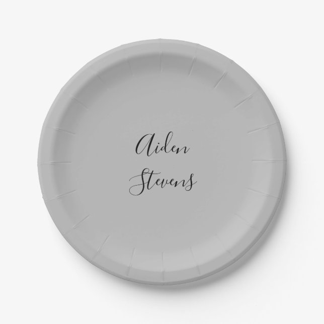 Stylish Simple Plain Grey Minimalist Calligraphy Paper Plates (Front)