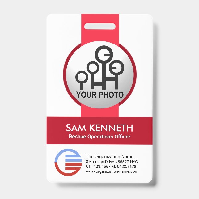 Stylish Simple Red Stripes Photo Template Staff ID Badge (Front)