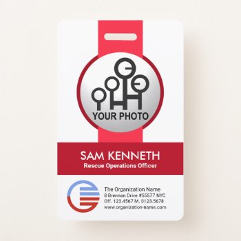 Stylish Simple Red Stripes Photo Template Staff Id Badge by keikocreativecards at Zazzle