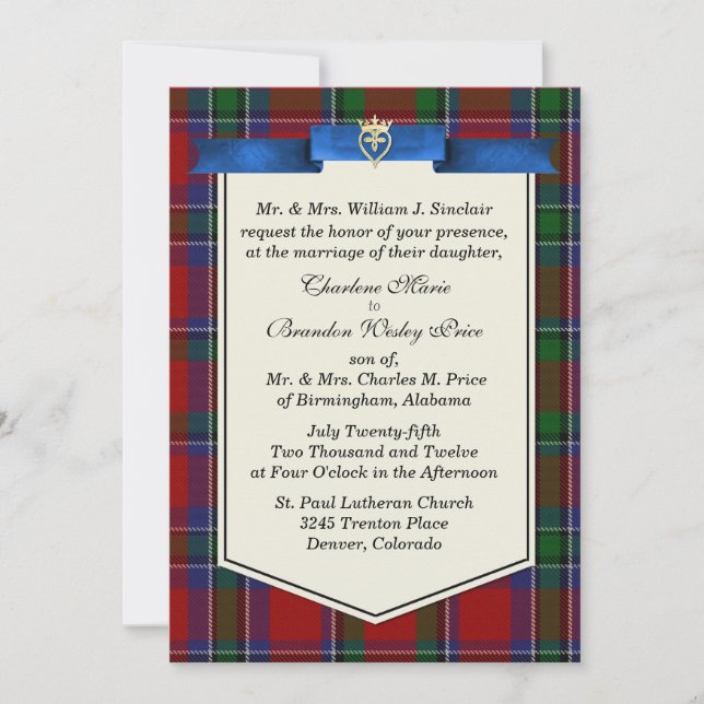Stylish Sinclair Tartan Plaid Custom Wedding Invitation (Front)