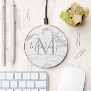 Stylish Sivler Foil Marble Monogram Wireless Charger