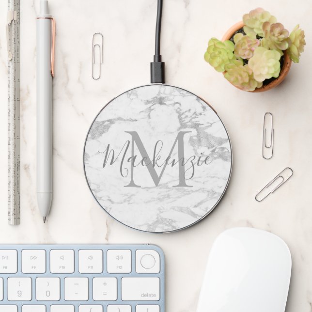Stylish Sivler Foil Marble Monogram Wireless Charger (Desk)