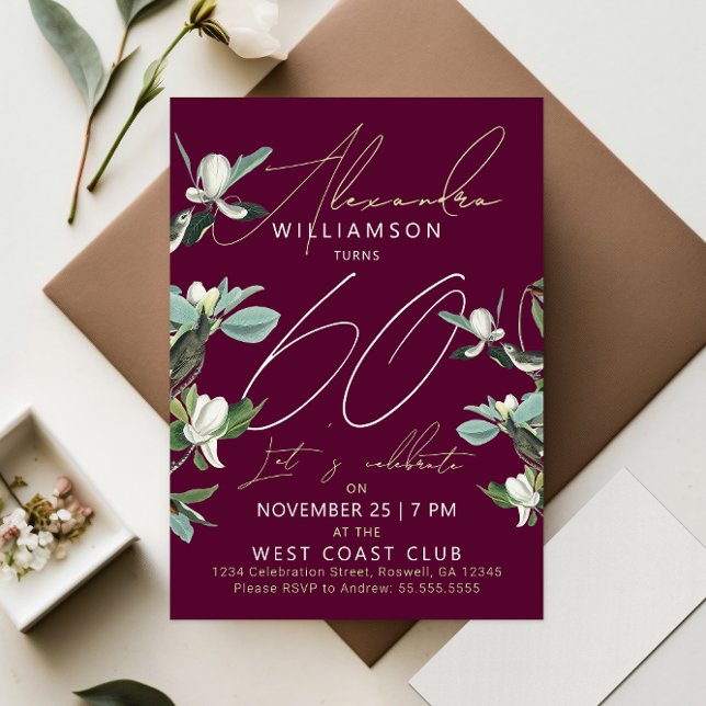 Stylish Sixty Modern Burgundy Floral Invitation (Creator Uploaded)