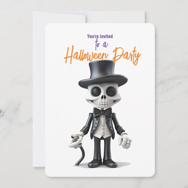 STYLISH SKELETON IN BLACK SUIT HALLOWEEN PARTY INVITATION (Front)