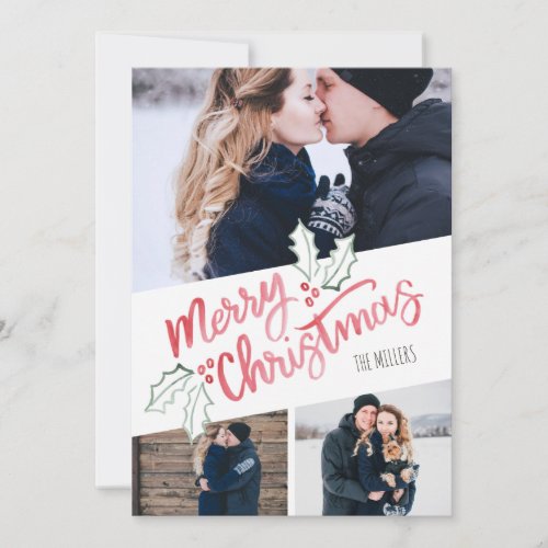 Stylish Slant Watercolor Merry Christmas 3_Photo Holiday Card