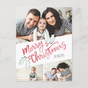Stylish Slant Watercolor Merry Christmas 3-Photo Holiday Postcard