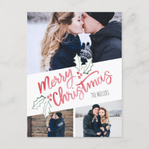 Stylish Slant Watercolor Merry Christmas 3-Photo Holiday Postcard