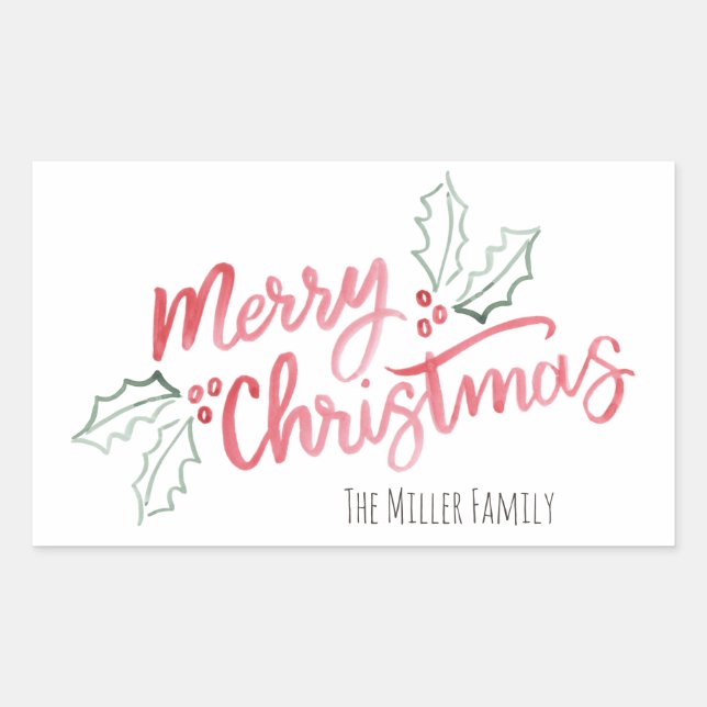 Stylish Slant Watercolor Merry Christmas Rectangular Sticker (Front)