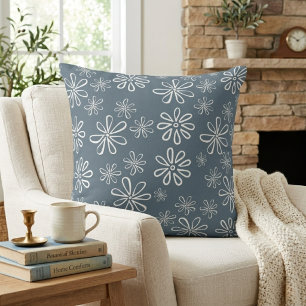 Stylish Slate Blue and White Floral Throw Pillow