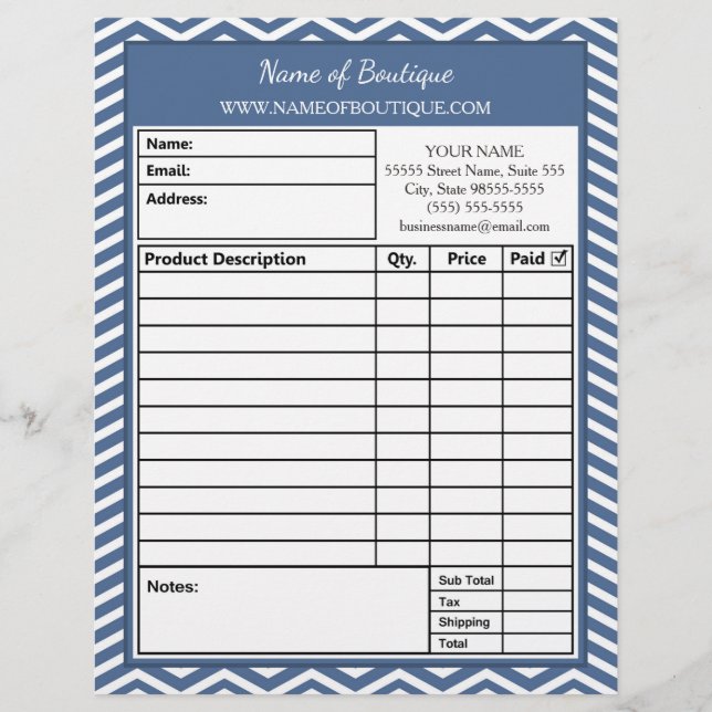 Stylish Slate Blue Chevron Beauty Salon Order Form Letterhead (Front)