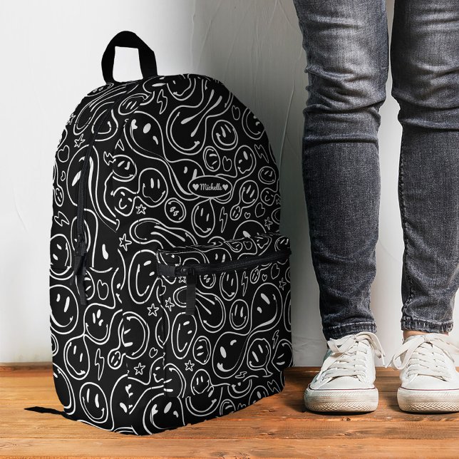Stylish Smile Happy Smiling Face Black White Printed Backpack (Stylish Smile Smiling Face Pattern Black White Printed Backpack
)