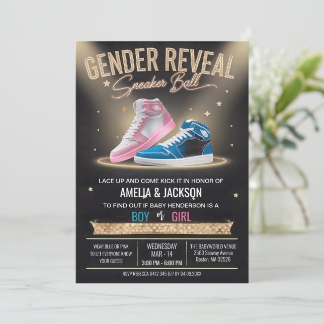 Stylish Sneaker Ball Modern Glowing Gender Reveal Invitation (Standing Front)