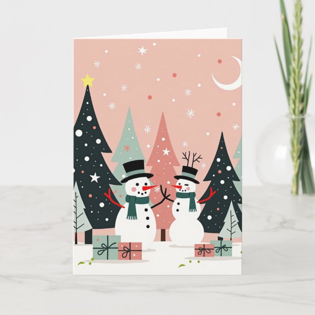 Stylish Snowman Duo Pink Retro Christmas Card (Front)