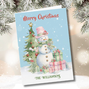 Stylish Snowman (Lady) Watercolor Christmas Tree Card