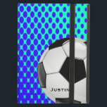Stylish Soccer iPad Air Case<br><div class="desc">Great looking iPad Air case, with built in stand, with graphics of a blue and mint green gradient dot pattern. Graphics of a white and black soccer ball, on the front of the case, has black custom text. Personalize the text for yourself or your favorite soccer fan or player.</div>