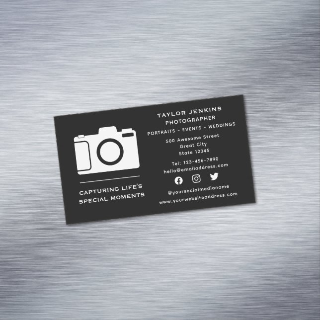 Stylish Social Media Camera Freelance Photographer Business Card Magnet (In Situ)
