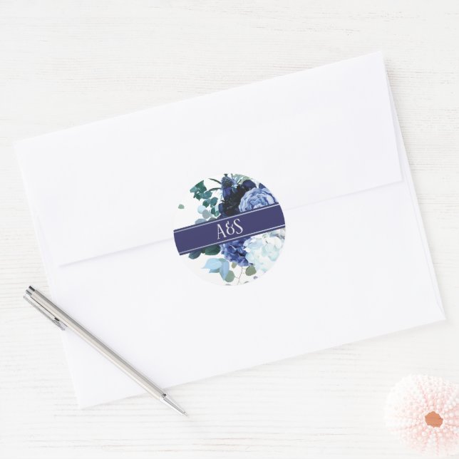 Stylish Soft Indigo and Blue Wedding  Classic Round Sticker (Envelope)