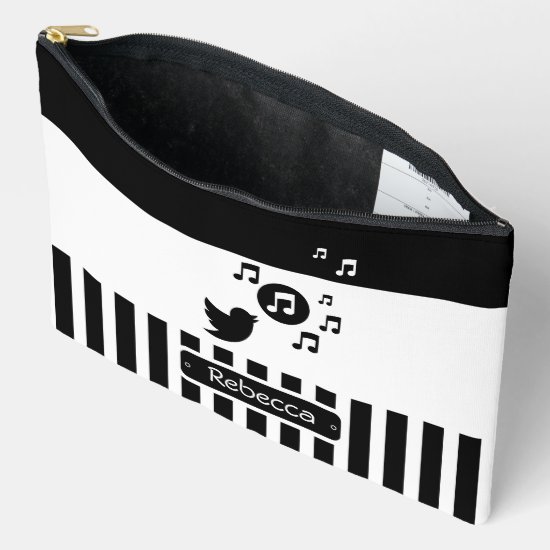 Stylish Songbird Black White Personalized Stripes Accessory Pouch