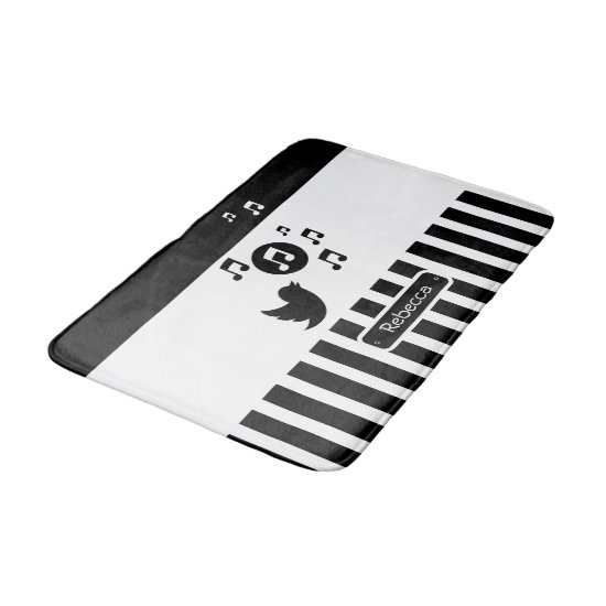 Stylish Songbird Black White Personalized Stripes Bath Mat