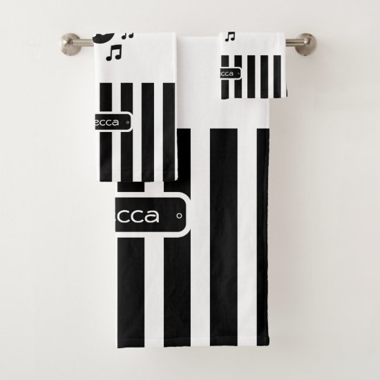 Stylish Songbird Black White Personalized Stripes Bath Towel Set